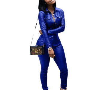 ensemble chemise pantalon bleu simili cuir